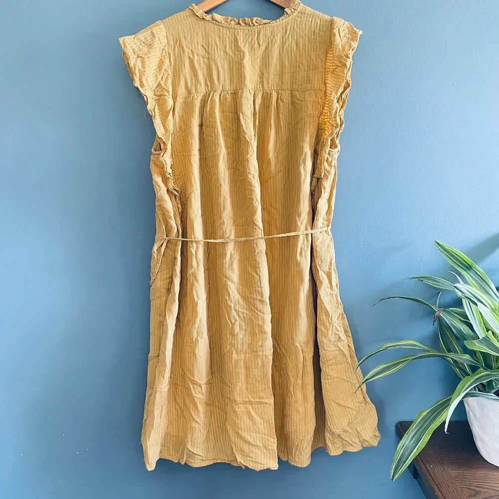 LOFT Pintucked Ruffle Swing Dress L Mustard Yellow Tie Waist Western Boho